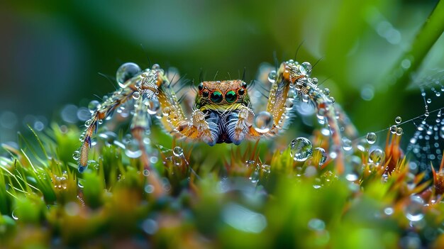 L'araignée parmi les gouttes de rosée