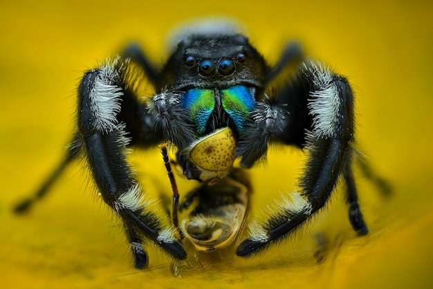 araignée proie mouche des fruits sur fond vert