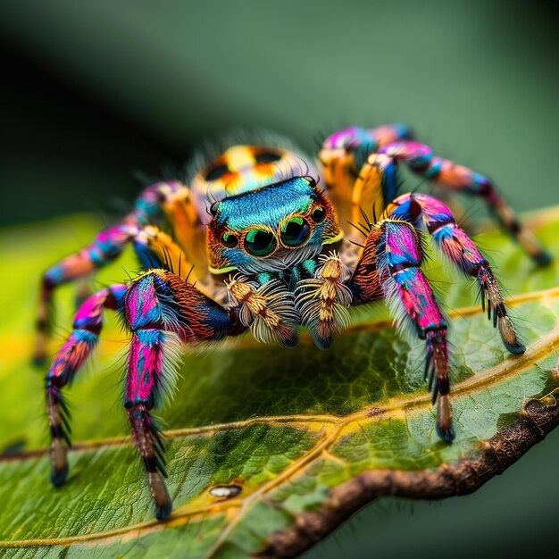 L'araignée sautante colorée sur une feuille verte