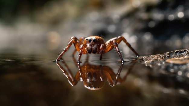 Une araignée se reflète dans une surface d'eau.