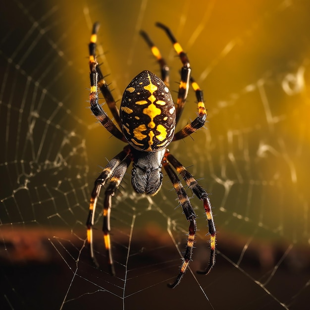 Une araignée avec des taches jaunes est assise sur un morceau de bois.