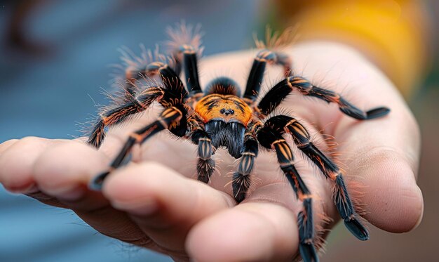 Araignée tarentule sur la main d'un homme en gros plan Araignée Tarantule en tant qu'animal de compagnie