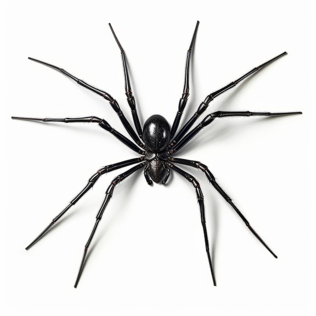 une araignée tout noire avec de longues pattes sur un fond tout blanc