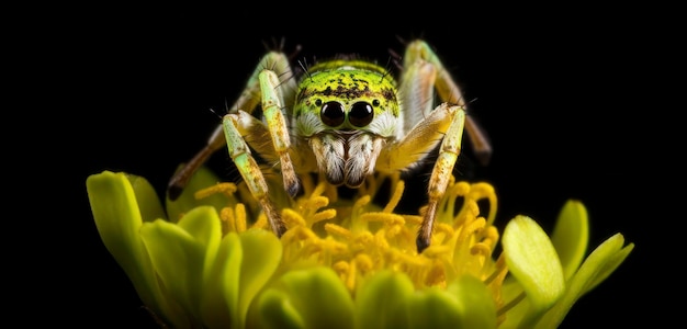 Une araignée verte aux yeux noirs est assise sur une fleur.