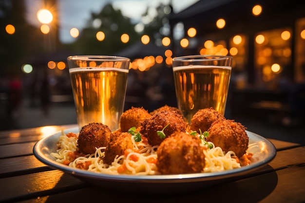 Arancini lors d'un festival culinaire italien à Florence avec des lumières étincelantes et de la musique en direct