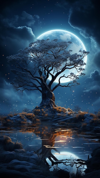 Arbre 3D contre un ciel nocturne de lune