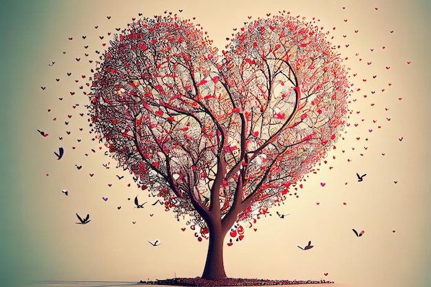 Arbre d'amour avec des coeurs volants