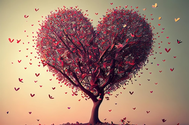 Photo arbre d'amour avec des coeurs volants