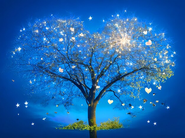 Photo arbre d'amour lumière ciel bleu fleurs oiseaux abeilles petites étoiles lumière cœur au milieu forme de cœur