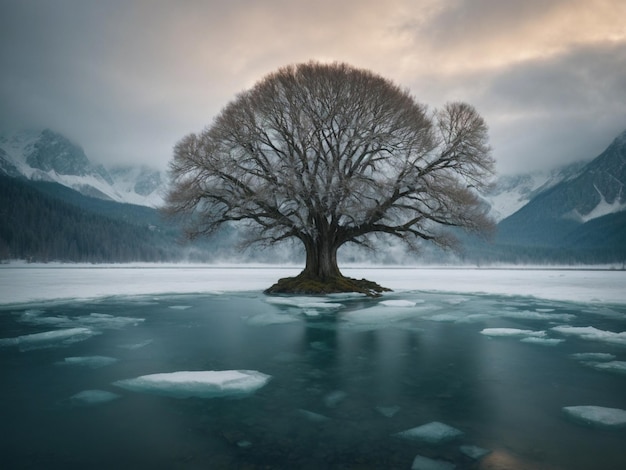 Un arbre ancien au centre d'un lac gelé