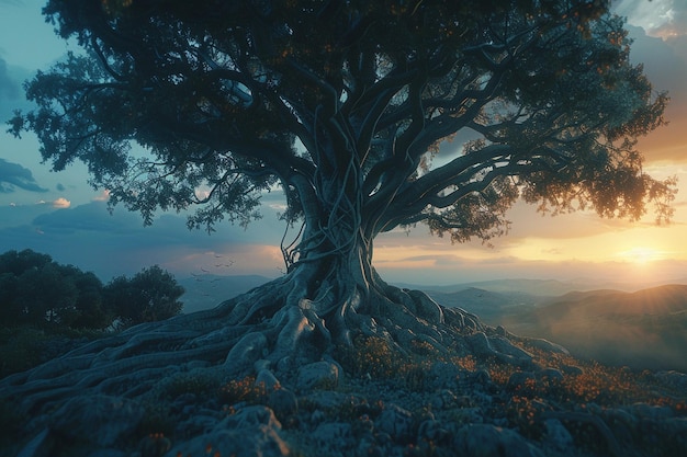 Un arbre ancien dont les racines s'étendent sur un magique