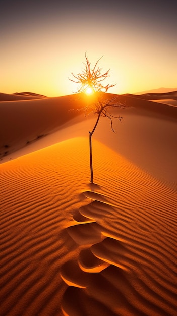 Photo arbre arafé dans le désert avec un coucher de soleil en arrière-plan ai générative