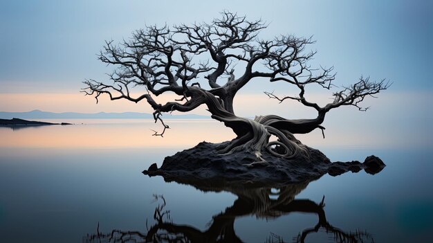 un arbre avec un arbre dans l'eau et le reflet d'un arbre