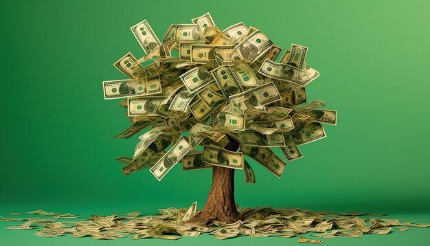 Arbre d'argent avec des dollars au lieu de feuilles fond vert