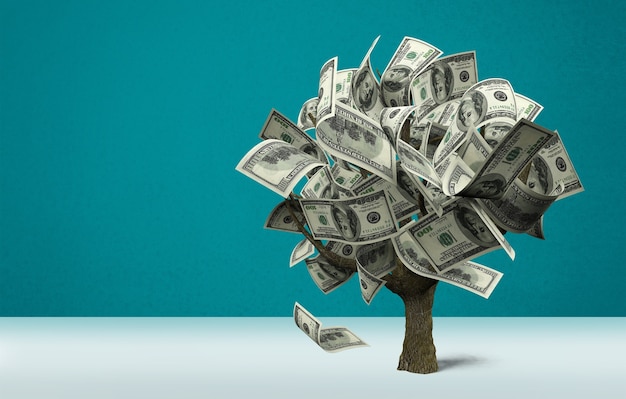 Arbre d'argent avec des dollars sur fond