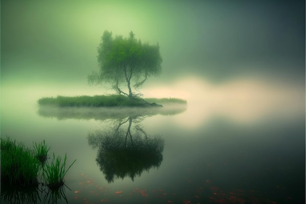 Arbre assis au sommet d'une petite île au milieu d'un lac ai génératif