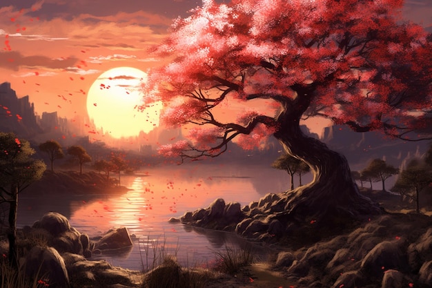 Un arbre au bord de la rivière avec un coucher de soleil en arrière-plan