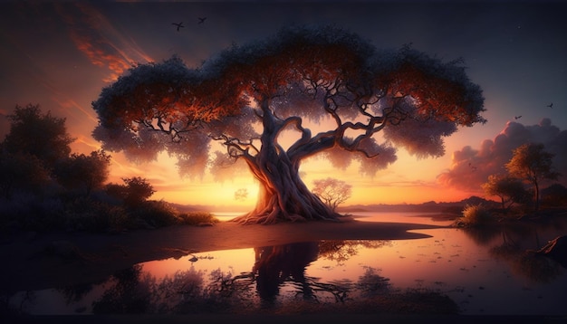 arbre au coucher du soleil, fond d'écran de méditation