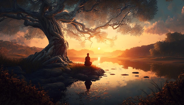 arbre au coucher du soleil, fond d'écran de méditation