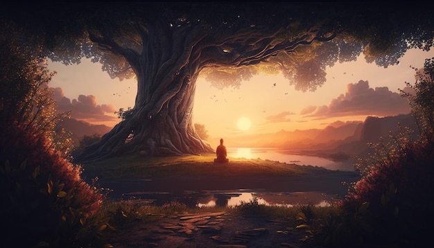 arbre au coucher du soleil, fond d'écran de méditation