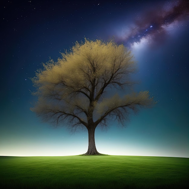 un arbre au milieu du ciel nocturne étoilé avec Starstree sur le chemin