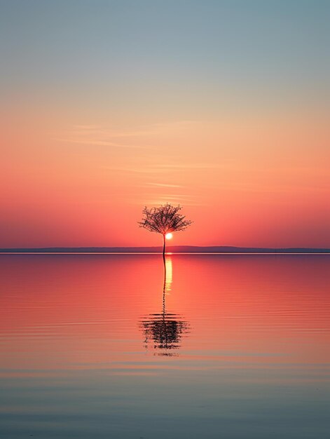 Photo un arbre au milieu d'un lac au coucher du soleil