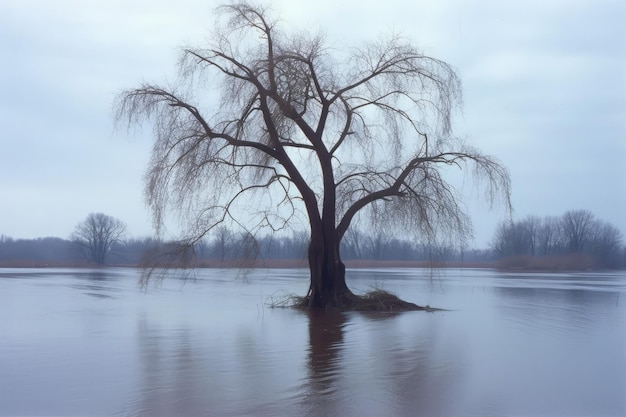 Un arbre au milieu d'un lac avec le mot saule dessus