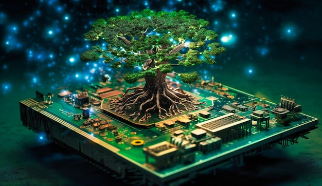 Un arbre au sommet d'un circuit imprimé avec le mot énergie sur le dessus