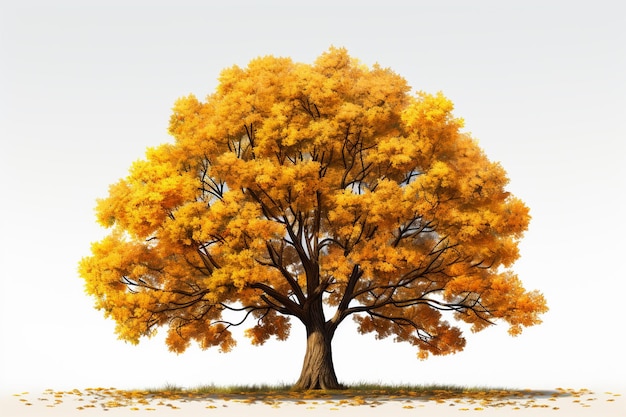 Arbre d'automne avec des feuilles jaunes sur un fond blanc rendu 3D