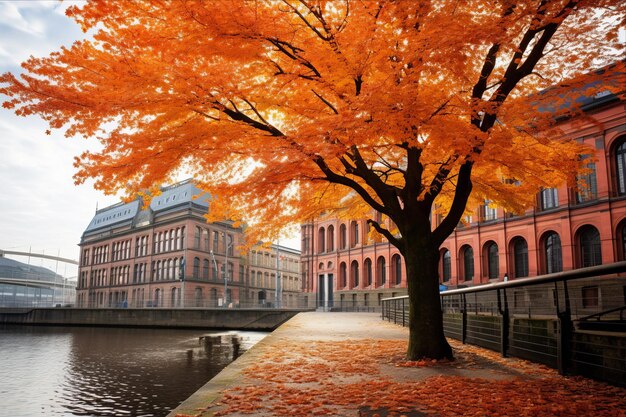 Photo l'arbre d'automne de hambourg embrassant la salle des ventes aux enchères est un spectacle captivant en allemagne