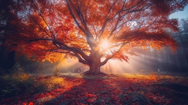 Un arbre à l'automne avec le soleil qui brille à travers les feuilles