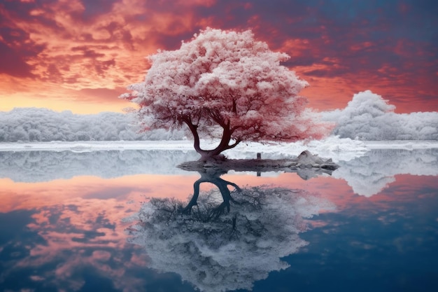 Un arbre aux feuilles roses et le ciel se reflète dans l'eau.