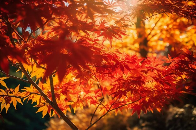 Un arbre aux feuilles rouges et le soleil qui brille à travers les feuilles