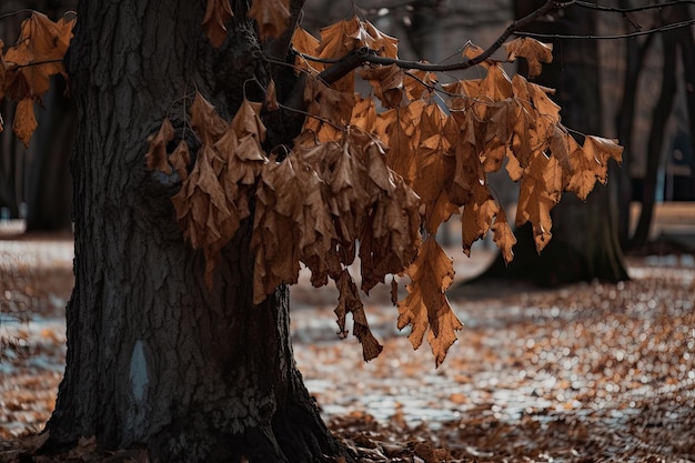 Un arbre aux feuilles sèches à l'automne