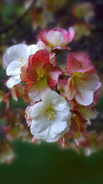 Un arbre aux fleurs blanches et aux feuilles rouges et jaunes.