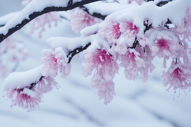 Un arbre aux fleurs roses couvertes de neige