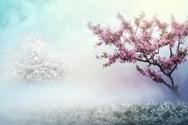 Un arbre aux fleurs roses dans le brouillard