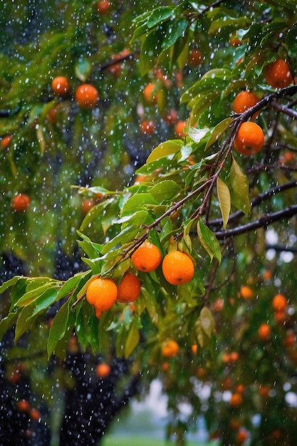 Un arbre aux fruits oranges sous la pluie