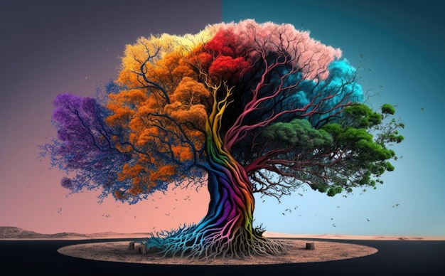 Un arbre aux multiples couleurs et celui du bas est un arc-en-ciel.