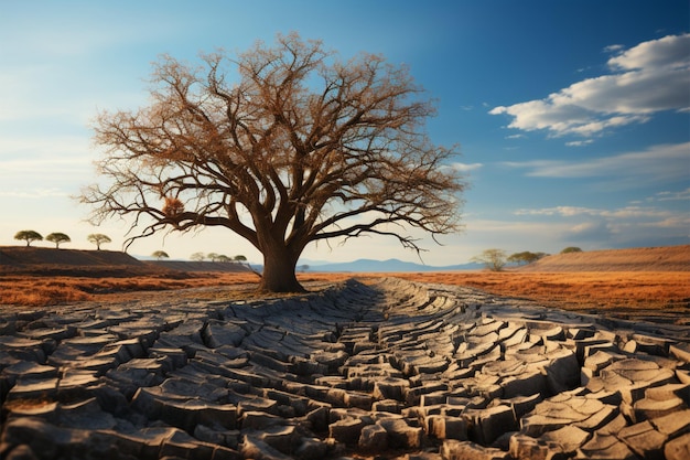 Arbre de berceaux au sol aride illustrant les changements climatiques effets de la crise de l'eau au milieu du réchauffement climatique