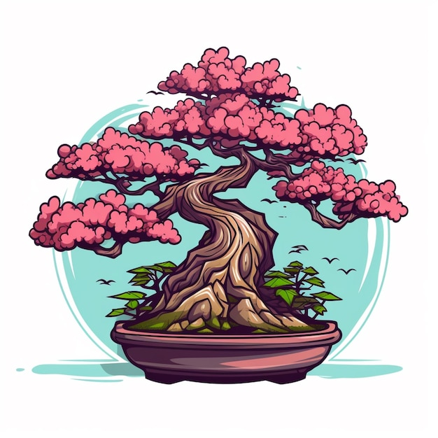 Photo un arbre bonsaï de dessin animé avec des fleurs roses dans un pot génératif ai