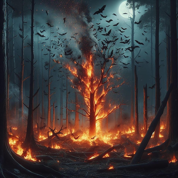 Un arbre brûle dans un feu de forêt.