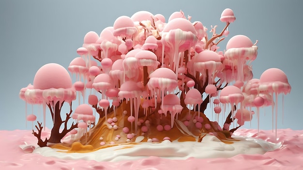 Un arbre avec des bulles roses et blanches et la couleur rose de l'eau