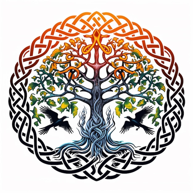 Photo arbre celtique de la vie avec des corbeaux et du soleil génératif ai