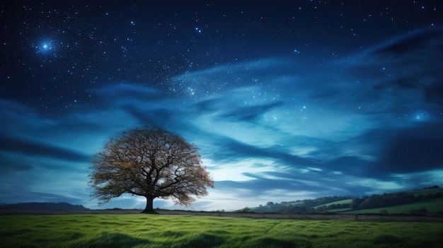 un arbre sur un champ vert avec un fond de ciel étoilé