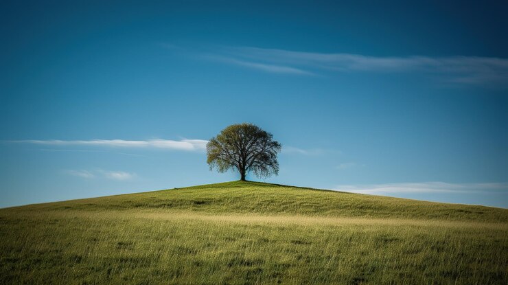 Photo un arbre sur une colline avec un ciel bleu en arrière-plan