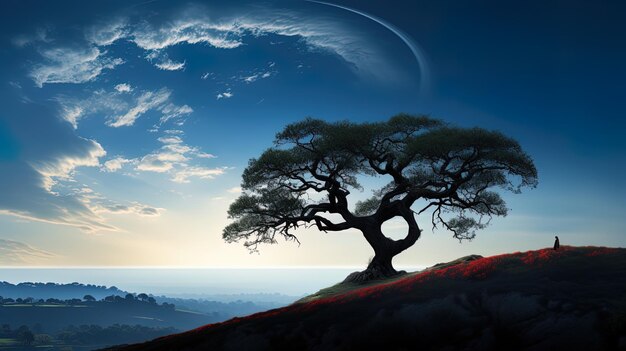 un arbre sur une colline avec un fond de ciel