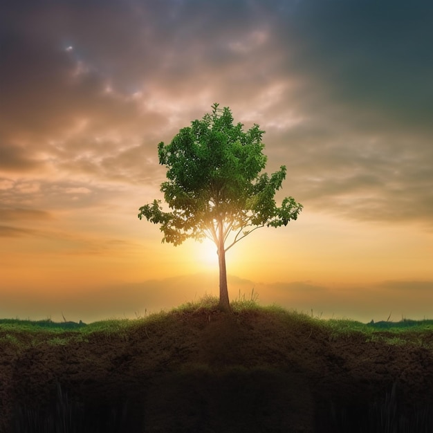 Un arbre sur une colline avec le soleil couchant derrière lui