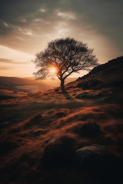 Un arbre sur une colline avec le soleil couchant derrière lui