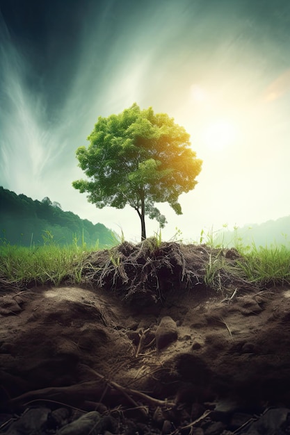 Un arbre sur une colline avec le soleil qui brille dessus